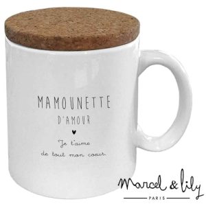 Marcel et Lily – Mug Avec Son Couvercle En Liège – « Mamounette d&rsquo;amour »