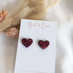 Brut de Cuir – Boucles d&rsquo;oreilles – Puce coeur rose