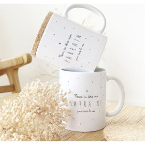 Marcel et Lily – Mug Couvercle En Liège –  »Veux-tu être mon parrain? »